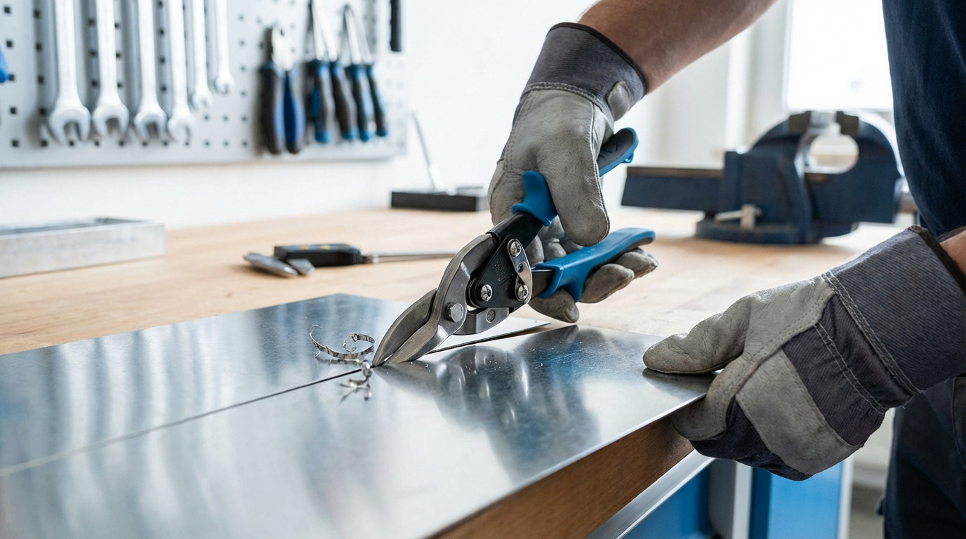 Mains gantées coupant une tôle de zinc brillante avec des cisailles à tôle bleues sur un établi, outils en arrière-plan.