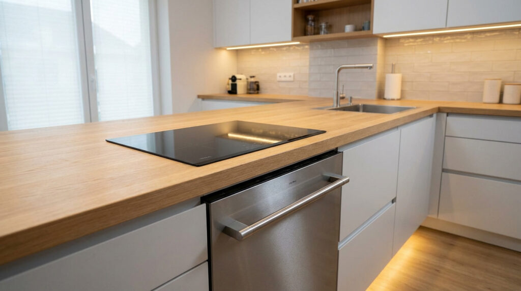 Cuisine moderne avec plaque vitrocéramique noire intégrée dans un plan de travail en bois clair, au-dessus d'un lave-vaisselle inox.
