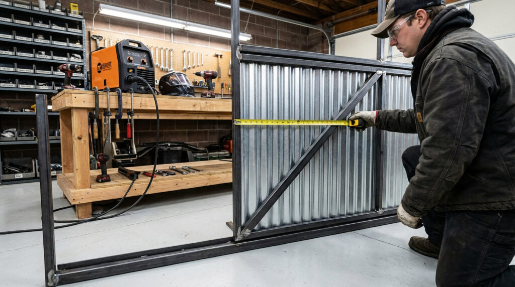 Un homme mesure précisément le cadre d'une porte de garage en tôle ondulée en construction dans un atelier équipé.