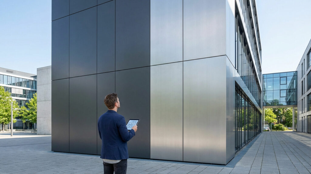 Un homme regarde une façade de bâtiment moderne avec bardage métallique gris et anthracite, tenant une tablette avec un plan.
