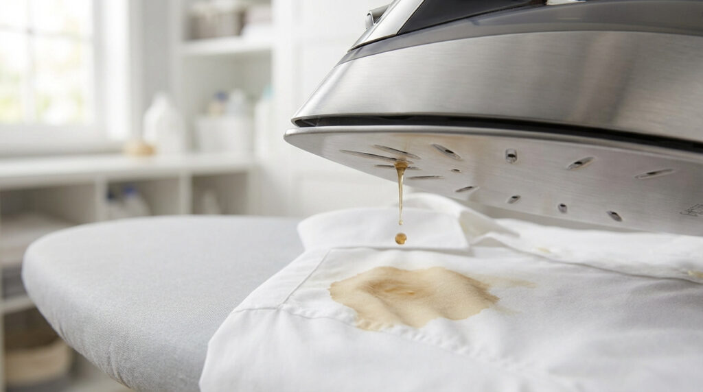 Un fer à vapeur dégoulinant d'eau sale marron sur une chemise blanche fraîchement repassée, causant une tache visible.
