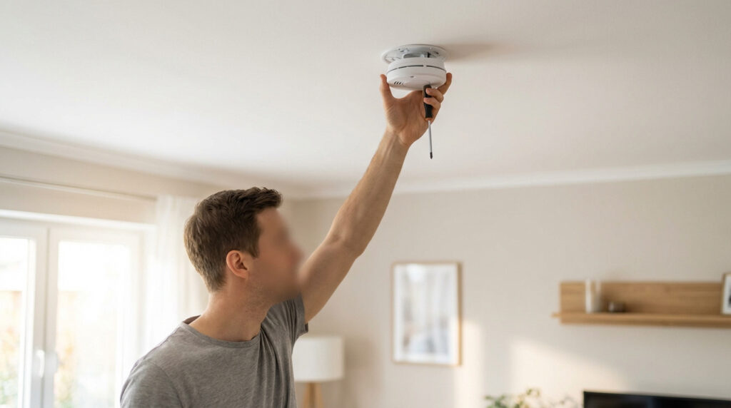 Un homme installe un détecteur de fumée blanc au plafond avec un tournevis. La pièce est lumineuse.