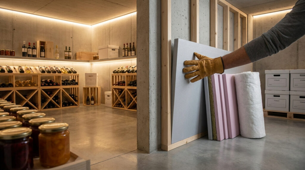 Main gantée posant un panneau isolant devant un cellier bien rangé avec des bouteilles de vin et des bocaux sur des étagères.