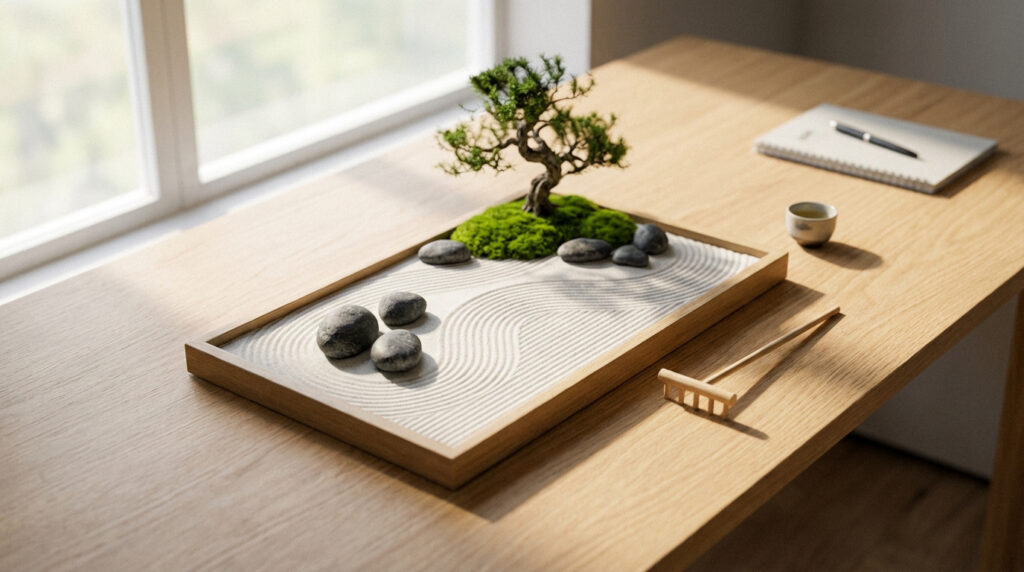Un jardin zen miniature avec du sable ratissé, des pierres, un bonsaï et un petit râteau sur une table en bois claire.