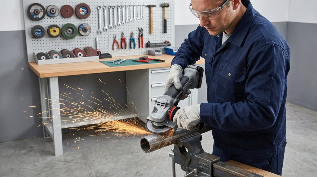 Un homme en lunettes de sécurité et gants utilise une meuleuse d'angle sans fil pour couper un tuyau métallique, produisant des étincelles vives dans un atelier.