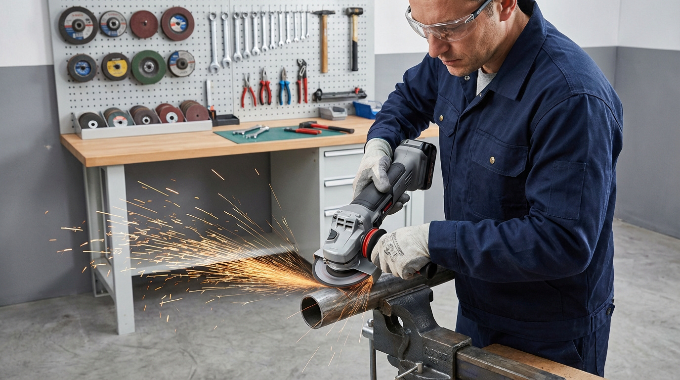 Un homme en lunettes de sécurité et gants utilise une meuleuse d'angle sans fil pour couper un tuyau métallique, produisant des étincelles vives dans un atelier.