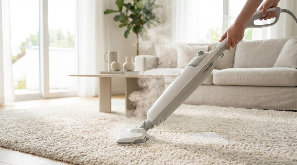 Personne utilisant un nettoyeur vapeur blanc et gris sur un tapis moelleux beige dans un salon lumineux, avec de la vapeur visible.