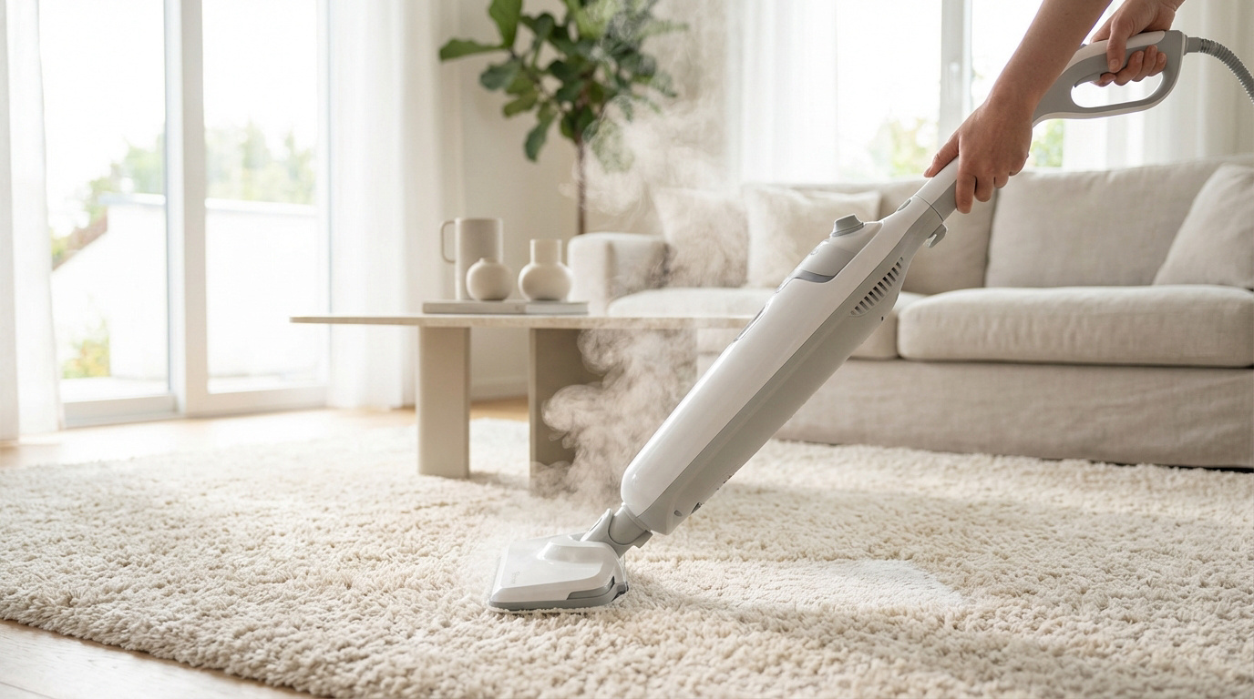 Personne utilisant un nettoyeur vapeur blanc et gris sur un tapis moelleux beige dans un salon lumineux, avec de la vapeur visible.