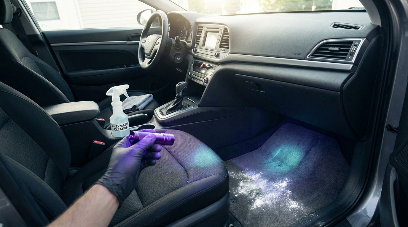 Main gantée éclairant l'intérieur d'une voiture avec une lampe UV, révélant des taches d'urine sur le tapis et le siège près d'un nettoyant enzymatique.