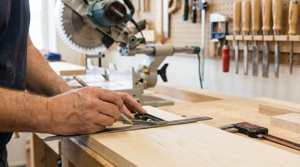 Un artisan trace une ligne sur une planche de bois avec une équerre et un crayon. Scie à onglet et outils en arrière-plan.