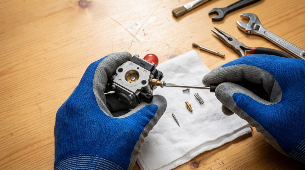 Mains gantées de bleu démontant un carburateur de petit moteur avec un tournevis, outils sur une table en bois.