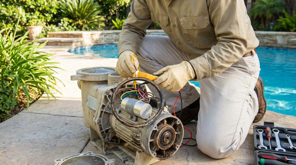 Personne en gants diagnostiquant un moteur de pompe de piscine démonté avec un multimètre près d'une piscine et une boîte à outils.