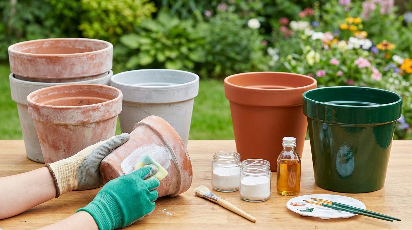 Une personne gantée nettoie un pot en terre cuite. Pots anciens et rénovés avec produits de nettoyage et peinture sur une table de jardin.