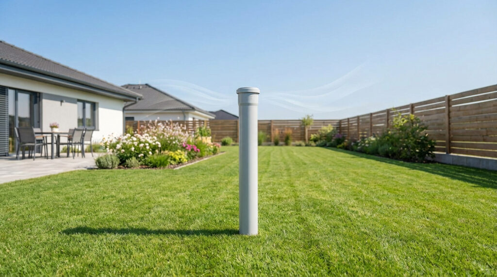 Poteau gris de ventilation de fosse septique dans un jardin, avec des volutes d'air, une maison et une clôture en bois.