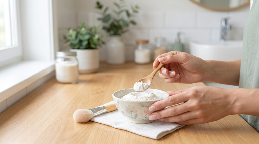 Des mains préparent du shampoing sec maison: une cuillère en bois verse de la farine dans un bol, à côté d'une brosse sur un comptoir.