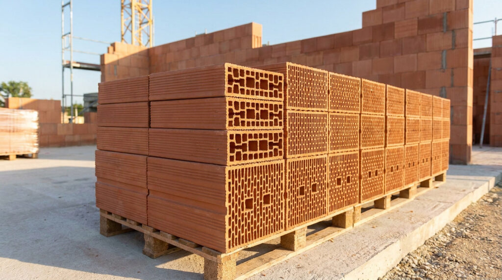 Palettes de briques alvéolaires de couleur terre cuite sur une dalle de béton, avec un mur en construction et une grue en arrière-plan.
