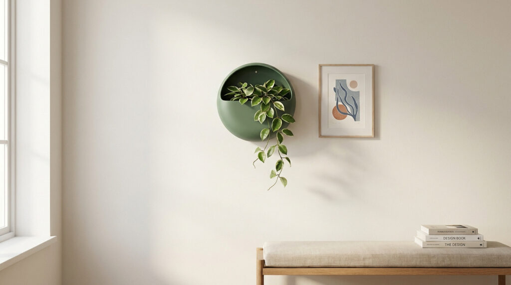 Un mur blanc minimaliste avec une fenêtre. Un pot mural vert contient une plante retombante, et un tableau abstrait est accroché. Un banc en bois avec des livres se trouve en bas.