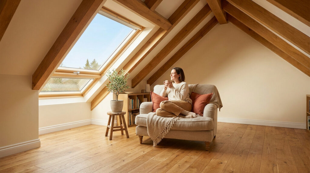 Femme souriante se détend sur un canapé dans un comble aménagé lumineux avec poutres en bois apparentes et grande fenêtre de toit.