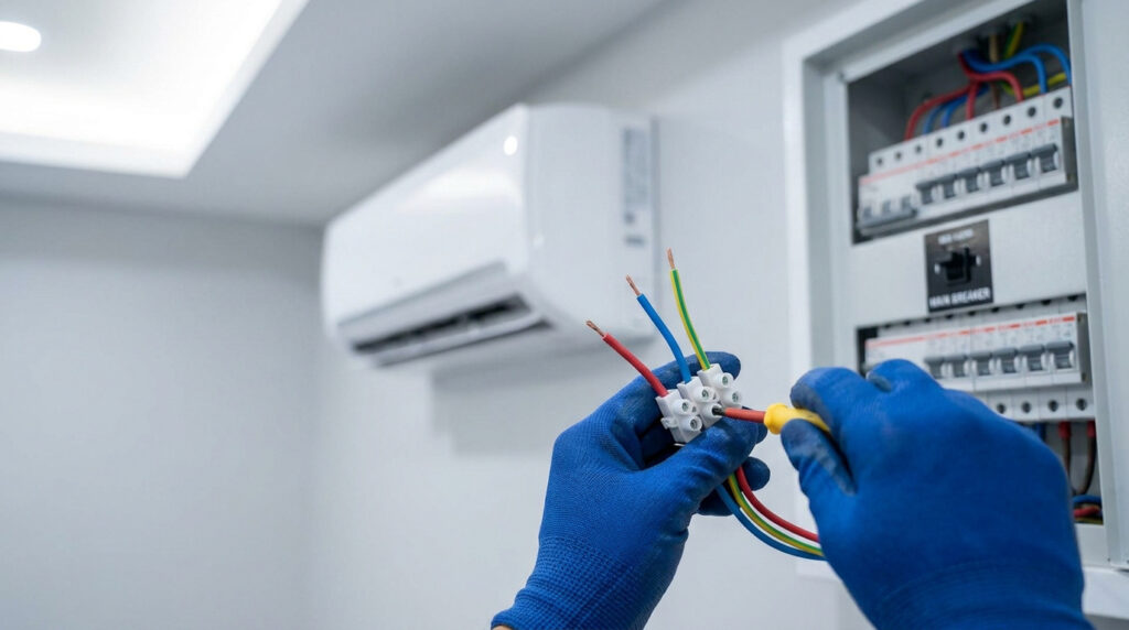 Un électricien en gants bleus connecte des fils au bornier, avec un climatiseur et un tableau électrique en arrière-plan.