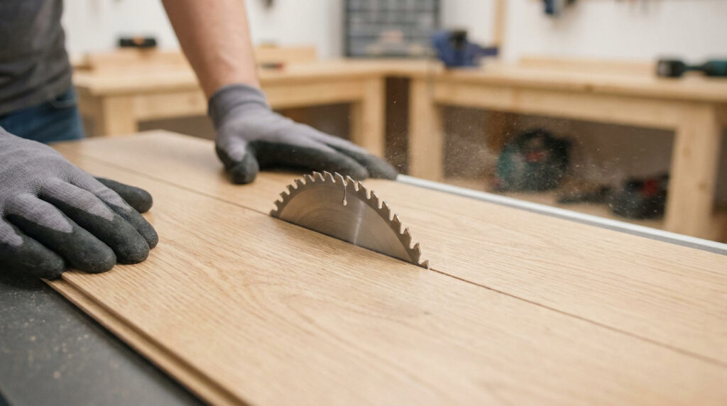 Mains gantées coupant une planche de parquet stratifié clair avec une lame de scie circulaire, générant de la poussière. Atelier en arrière-plan.