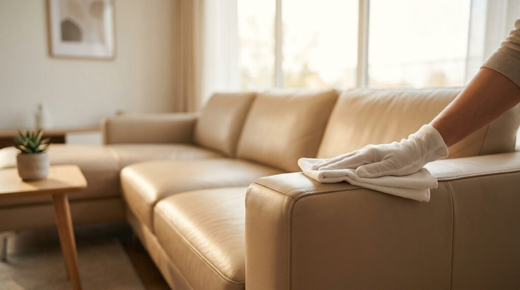 Une main gantée de blanc nettoie un canapé en cuir beige clair avec un chiffon doux dans un salon lumineux.