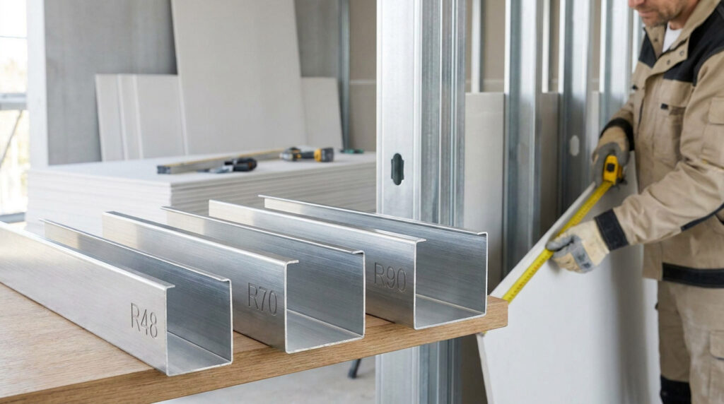 Ouvrier mesurant une plaque de plâtre près de rails R48, R70, R90 sur un chantier de cloisons. Matériaux visibles.