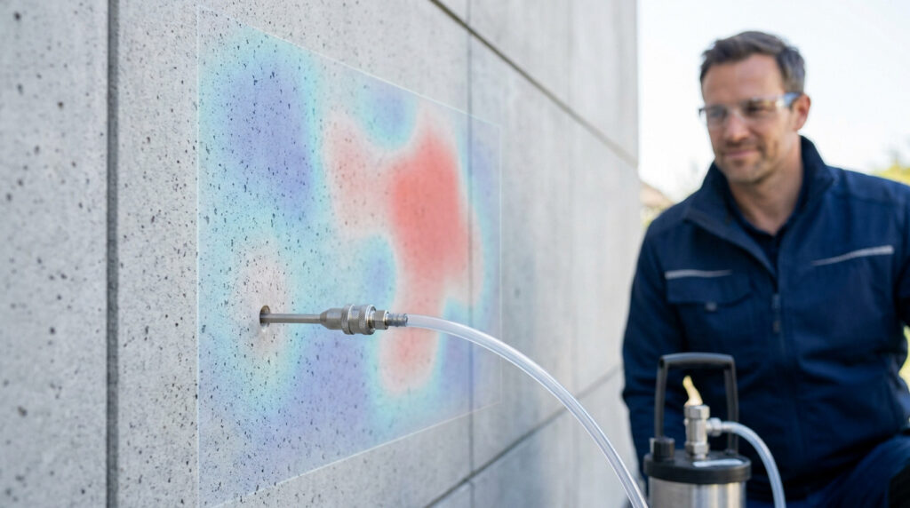 Un technicien examine un mur en béton avec une carte thermique révélant l'humidité et un système d'injection en place.