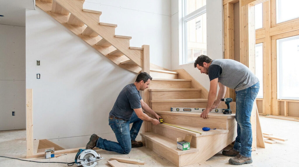 Deux menuisiers installent un escalier quart tournant en bois clair sur un chantier. L'un mesure, l'autre utilise un niveau.