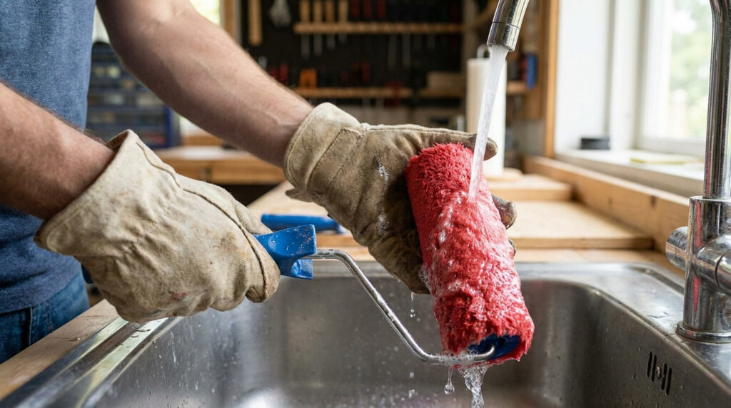 Des mains gantées lavent un rouleau de peinture rouge sous un robinet dans un évier en inox. L'arrière-plan flou montre un atelier.