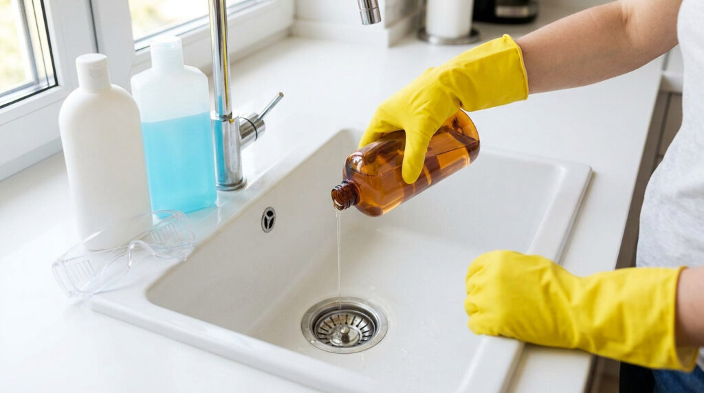 Main gantée versant un déboucheur de canalisation dans un évier blanc, avec des bouteilles de produits et des lunettes de sécurité.