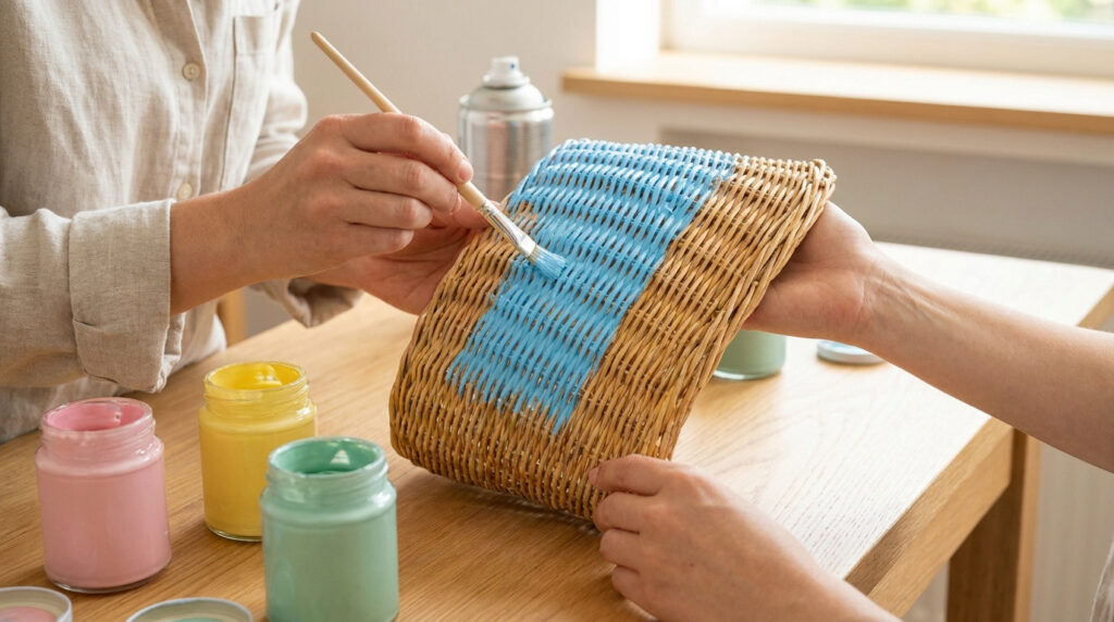 Mains peignant un panier en osier en bleu clair avec un pinceau. Des pots de peinture pastel (rose, jaune, vert) sont sur une table en bois.