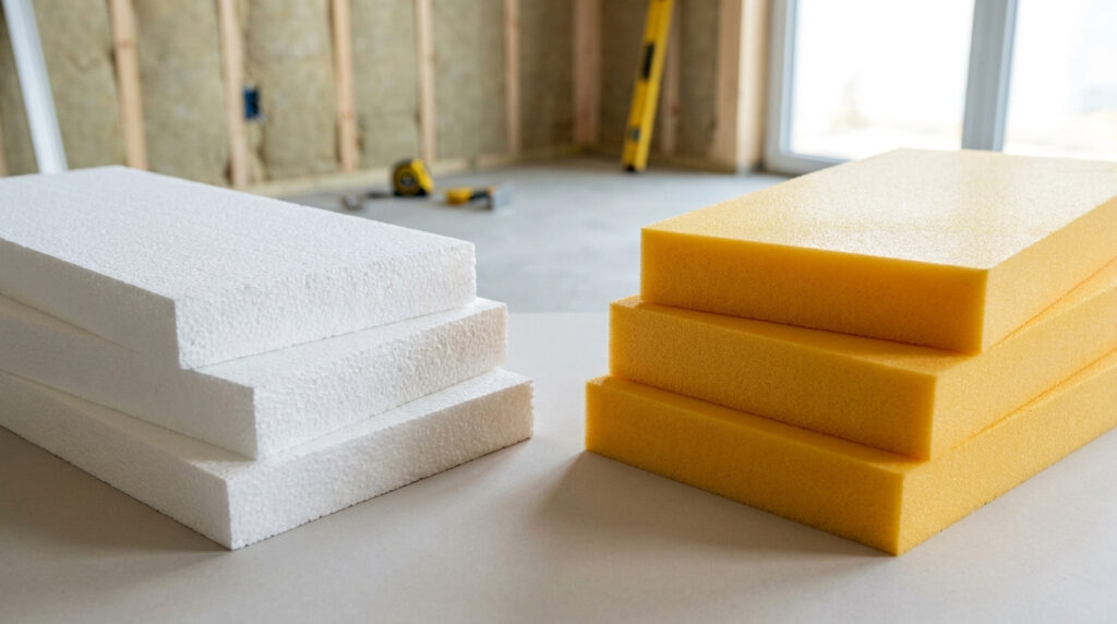 Panneaux d'isolation en polystyrène expansé blanc et polyuréthane jaune sur un chantier, avec murs non finis.