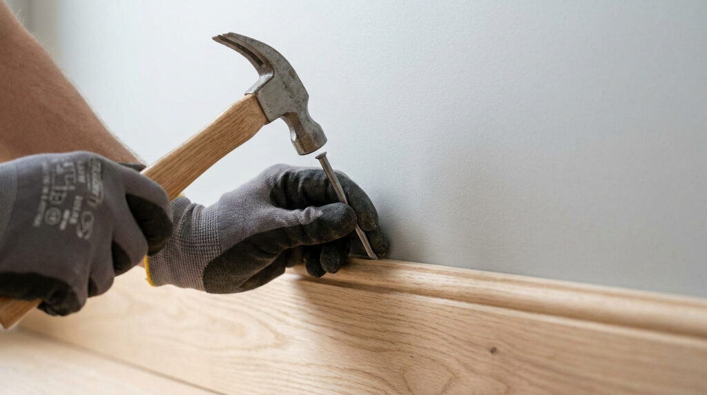 Mains gantées posant une plinthe en bois. Un marteau s'apprête à frapper un clou tête homme enfoncé dans le bois et le mur clair.