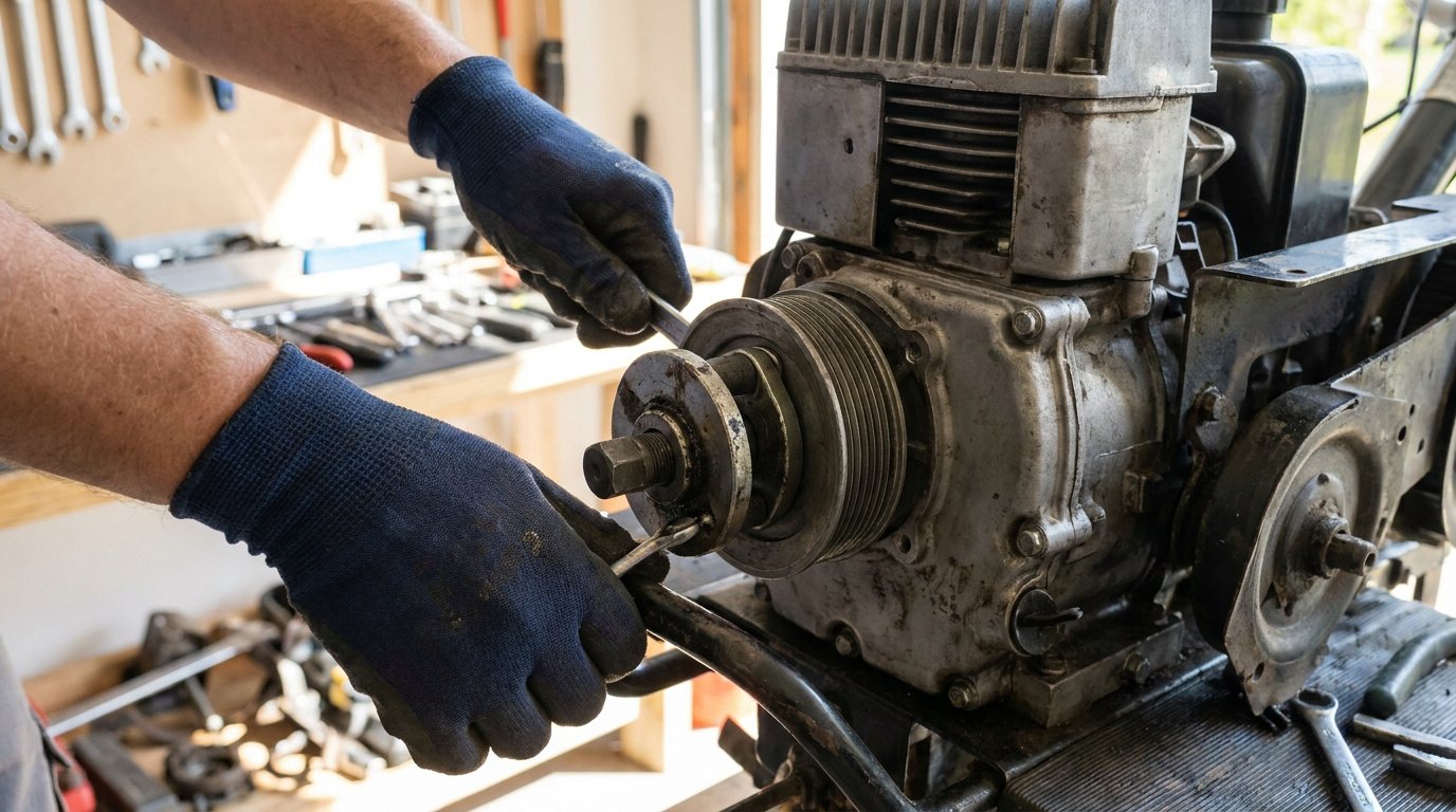 Gros plan sur des mains gantées utilisant des outils pour démonter une poulie sur le moteur d'une motobineuse, dans un atelier.