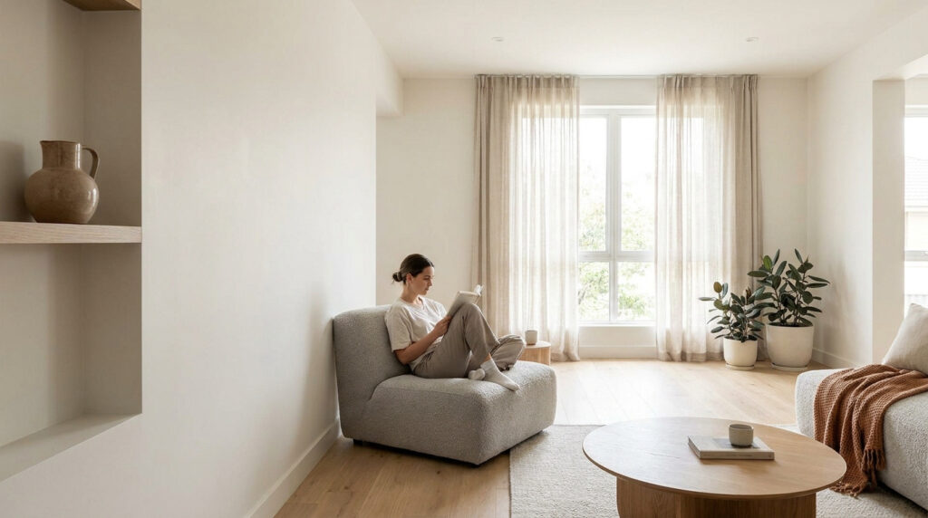 Une femme lit un livre dans un salon lumineux, assise sur un fauteuil moderne. Fenêtres, plantes et table basse en bois complètent le décor épuré.
