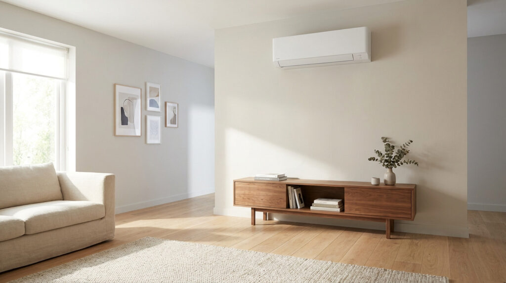 Salon moderne et lumineux avec climatiseur mural blanc au-dessus d'un meuble TV en bois clair. Canapé et œuvres d'art.