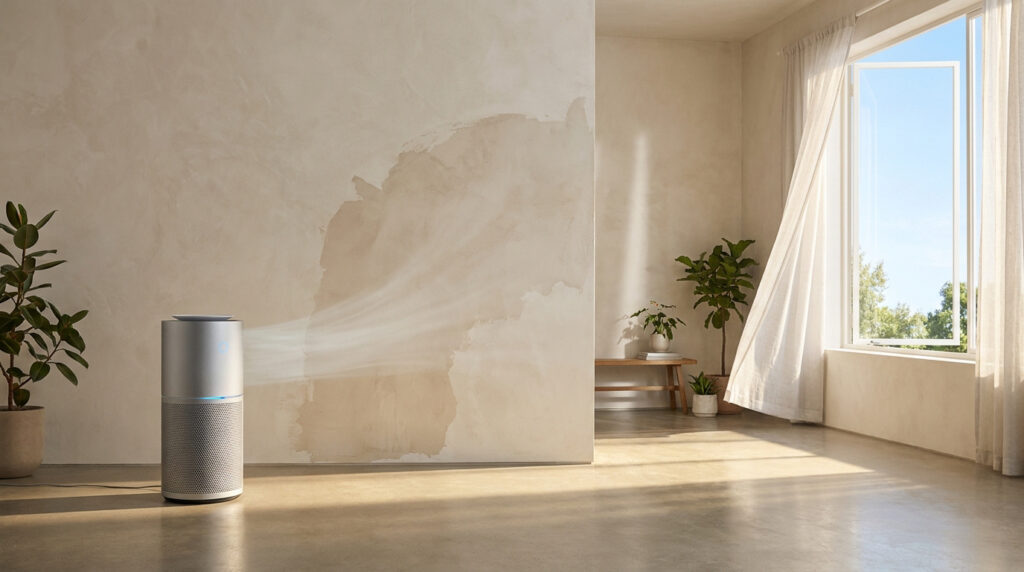 Un purificateur d'air argenté diffuse de l'air frais dans une pièce moderne et lumineuse avec des plantes et une fenêtre ouverte.