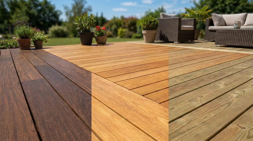 Terrasse en bois montrant trois sections de teintes différentes : bois foncé, bois clair et bois traité. Fond de jardin.