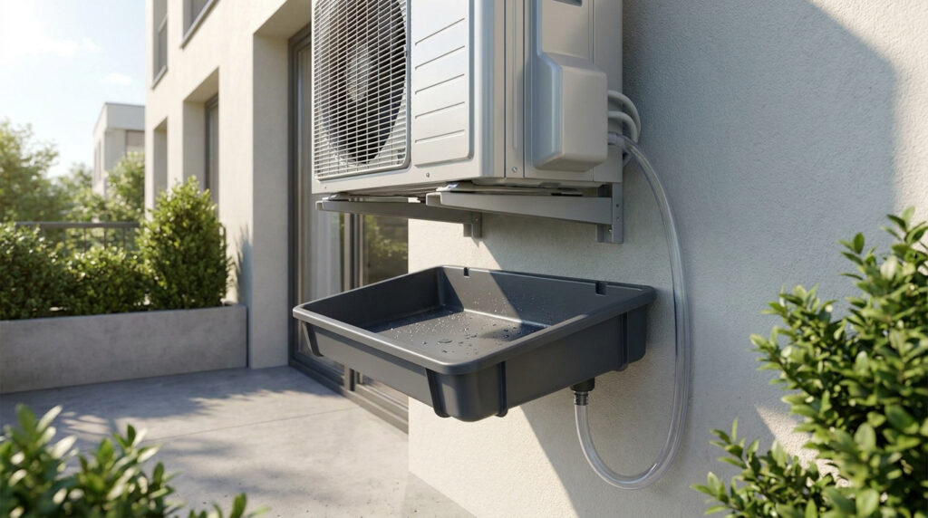 Bac de récupération d'eau monté sous une unité extérieure de climatisation fixée au mur d'une terrasse.