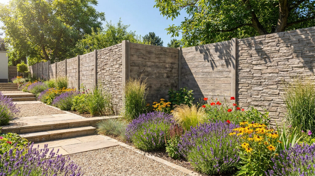 Clôture en béton décorative avec des panneaux imitation bois et pierre entourant un jardin fleuri en été.