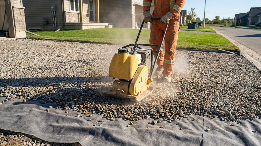Un ouvrier utilise une plaque vibrante pour compacter du gravier sur une toile géotextile pour une allée.