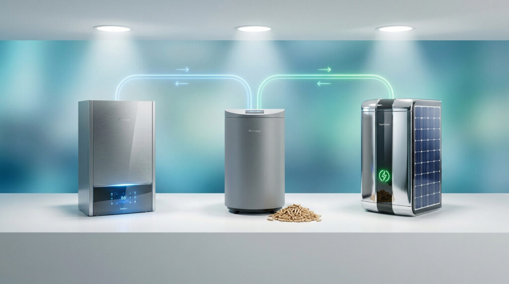 Trois systèmes de chauffage modernes reliés par des flux d'énergie lumineux sur un fond bleu.