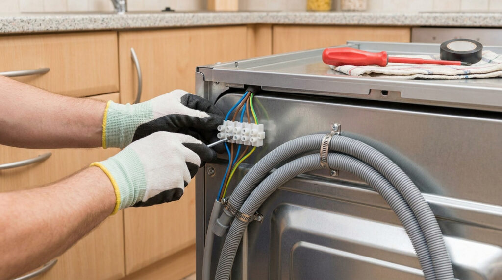 Mains gantées connectant les fils électriques à un bornier à l'arrière d'un lave-vaisselle.