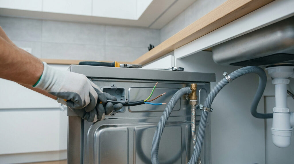 Un technicien en gants de protection effectue le raccordement électrique d'un lave-vaisselle dans une cuisine.