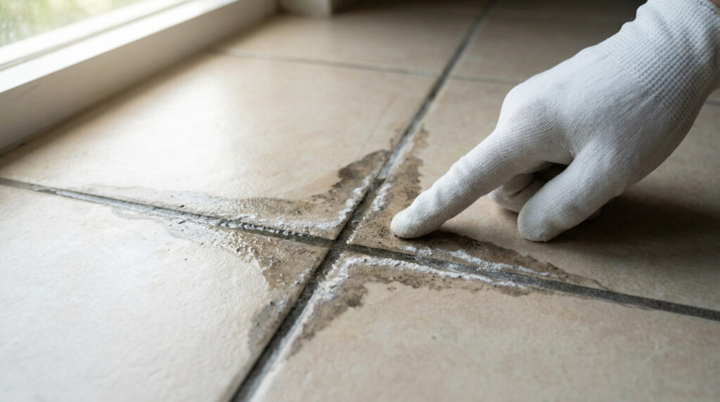 Main gantée pointant des traces d'humidité et de moisissures entre des carreaux de carrelage au sol.