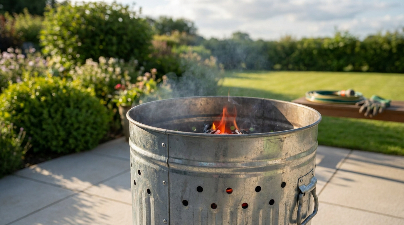 Incinérateur de jardin en métal galvanisé avec des flammes et de la fumée, installé sur une terrasse ensoleillée.