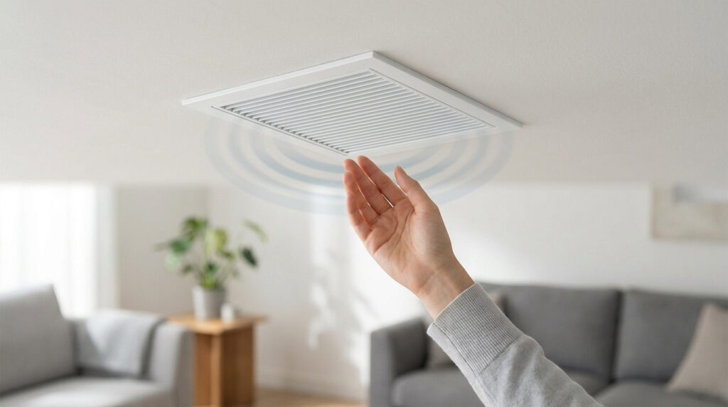 Une main tendue vers une bouche de ventilation au plafond illustrant des ondes sonores de VMC bruyante.