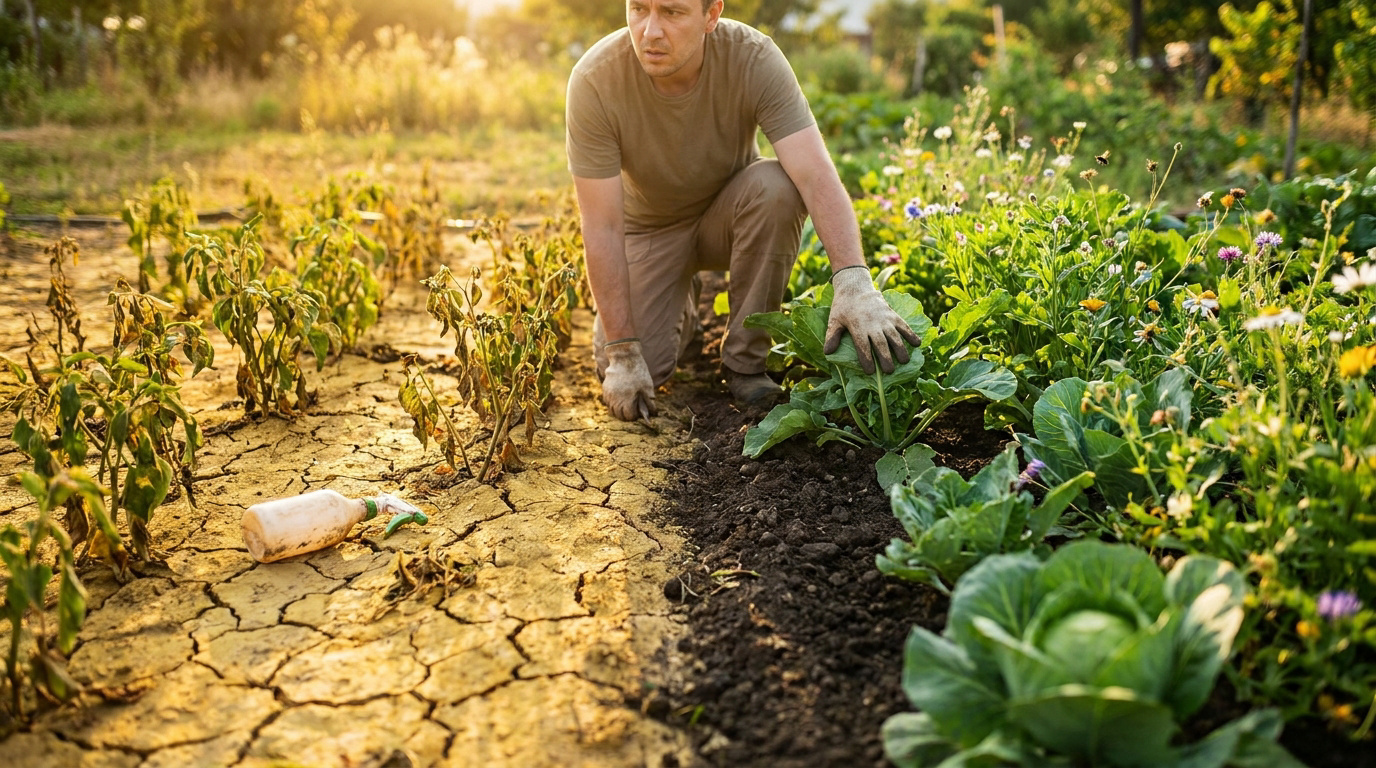 Un jardinier observe une terre desséchée et stérile près de ses légumes, avec un vaporisateur au sol.