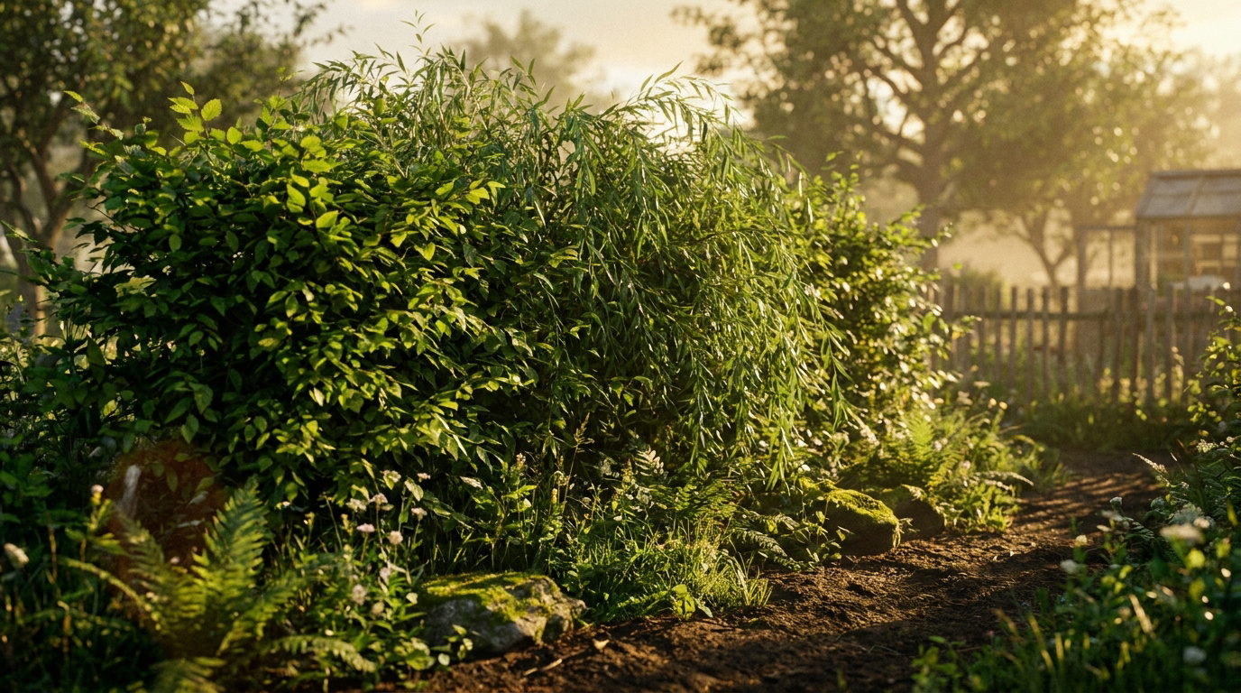 Gros plan sur un jardin verdoyant avec des arbustes denses au coucher du soleil près d'un petit sentier.