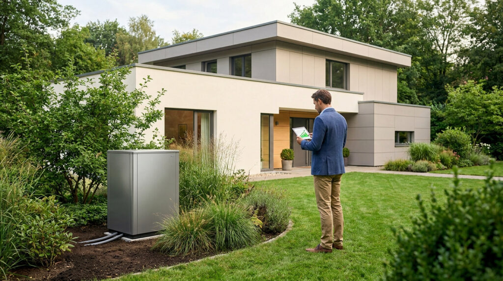 Un homme en tenue professionnelle consulte une tablette devant une maison moderne équipée d'une pompe à chaleur géothermique.